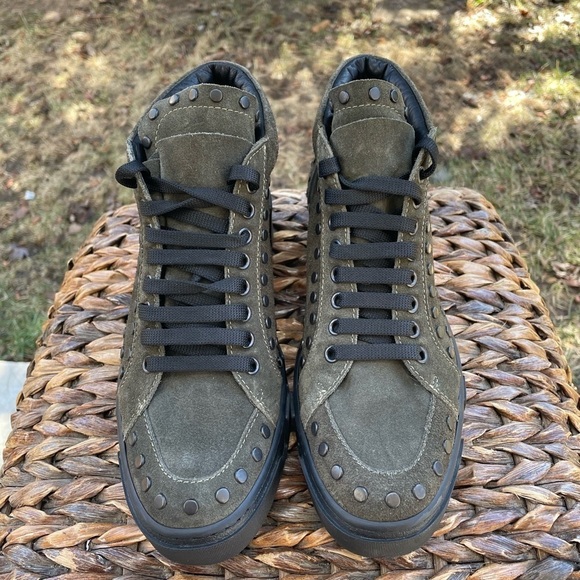 Olive Brown Bronze Studded Suede Platform Lace Up Street Ankle Boot - Picture 4 of 11